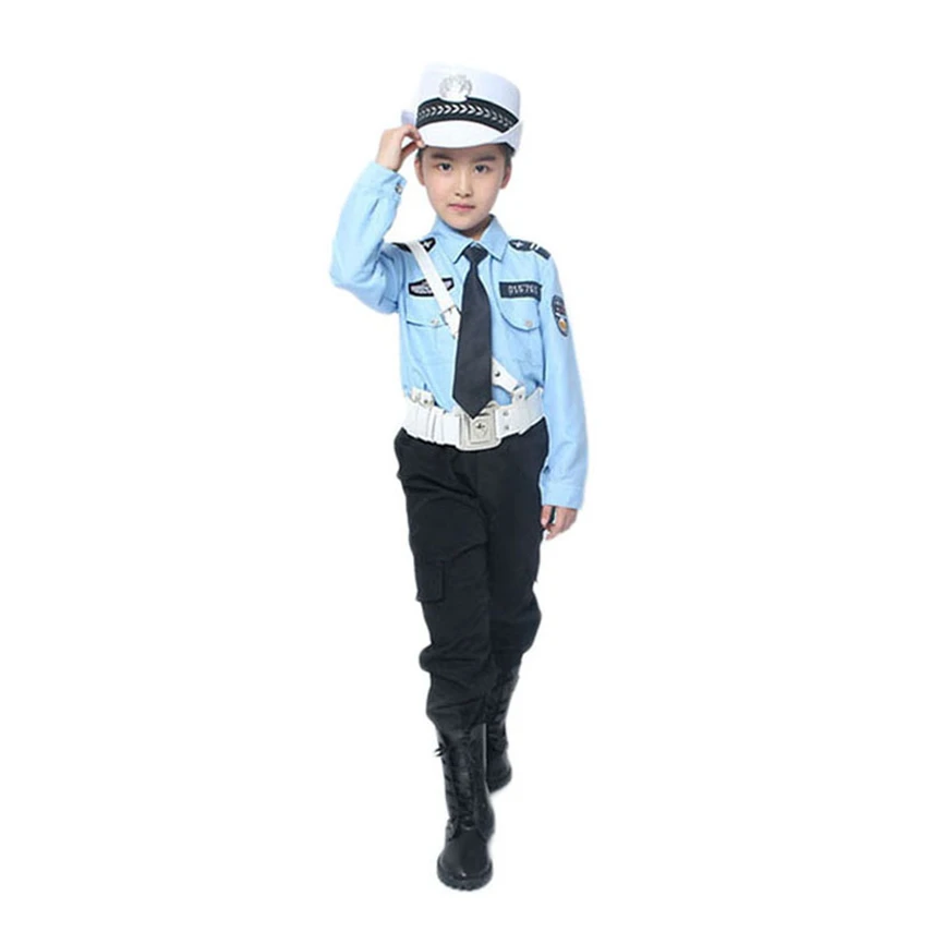 Billige 6 farbe Polizisten Cosplay Kostüme für Jungen Mädchen Karneval Halloween Kinder Polizei Uniform Kinder Verkehrs Armee Party Kleidung Set