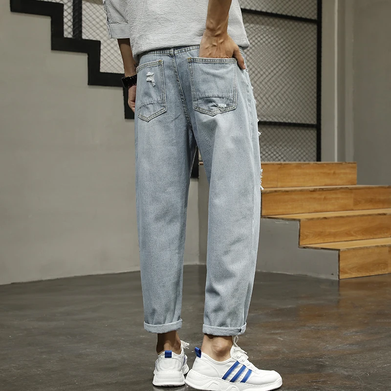 

Korean version Jeans Men Denim Elastic Slim Fit Blue Jean Pants High Quality Famous Man Jeans Broken hole trousers Ankle pants