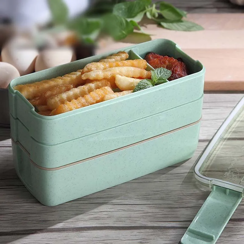 Microwavable путешествия прямоугольник трехуровневый Bento Box многоразовый Ланч герметичный вилка контейнер для ложек Посуда японский стиль