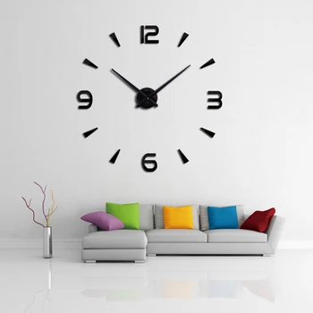 

promotion DIY big wall clock clocks fashion watches mirror acrylic sticker needle quartz home decor living room silver color