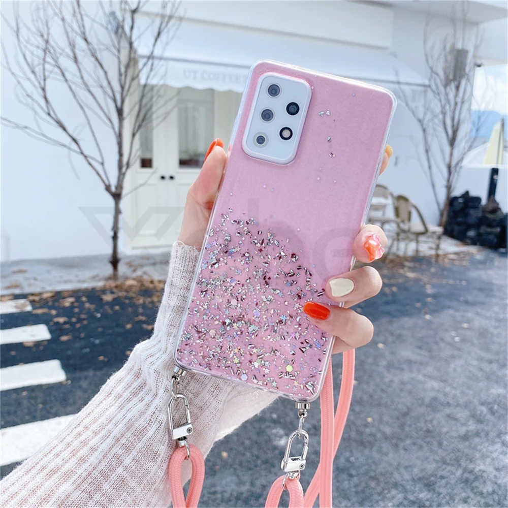 Crossbody Lanyard Strap Glitter Cell Phone Case with Silicone Cover