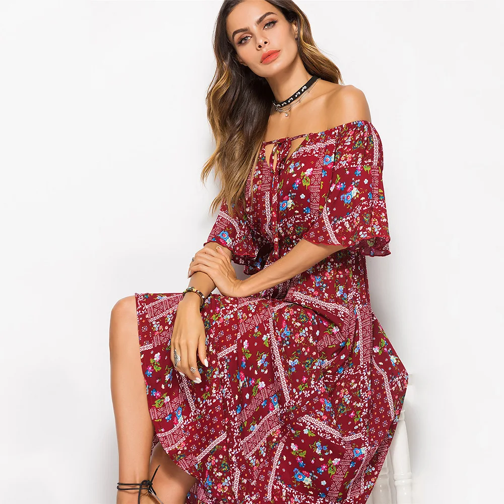 

New summer boho robe sexy print maxi woman elegant dress 2020 women clothes bohemian long off shoulder ladies dresses plus size