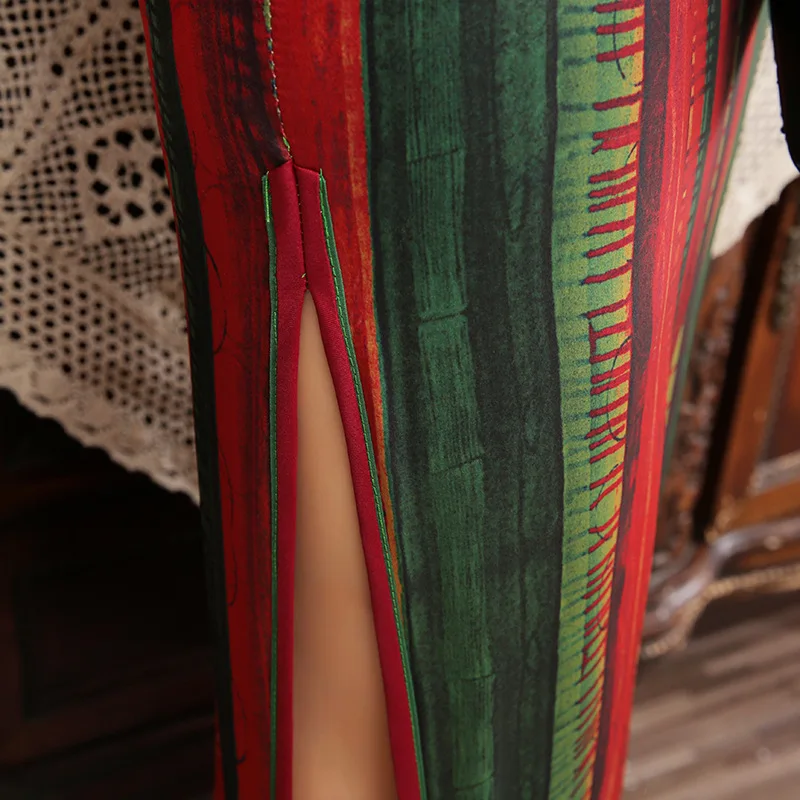 Винтажный китайский воротник Qipao женское с новогодней елкой, бумажный платье кружевной отделки с принтом атласное платье M-4XL