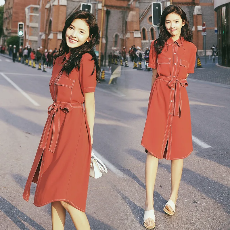 

ACZ Summer Wear Korean-style Women's Loose-Fit Mid-length Solid Color Slimming Medium Set Lace-up Medium-length Dress Shirt Dres