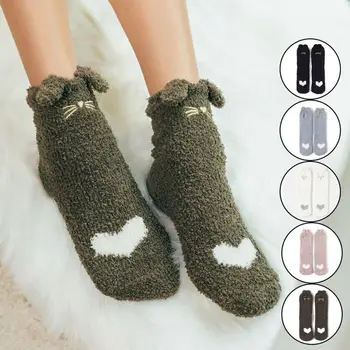 

1 pair Girls Winter Warm Thick Cat Cartoon Coral Fleece Floor Socks Women Soft Solid Color Paw Socks High Quality Velvet Socks