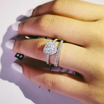

original 925 sterling silver heart cut cubic zircon wedding ring set for women bride engagement Jewelry Band eternity gift R4866