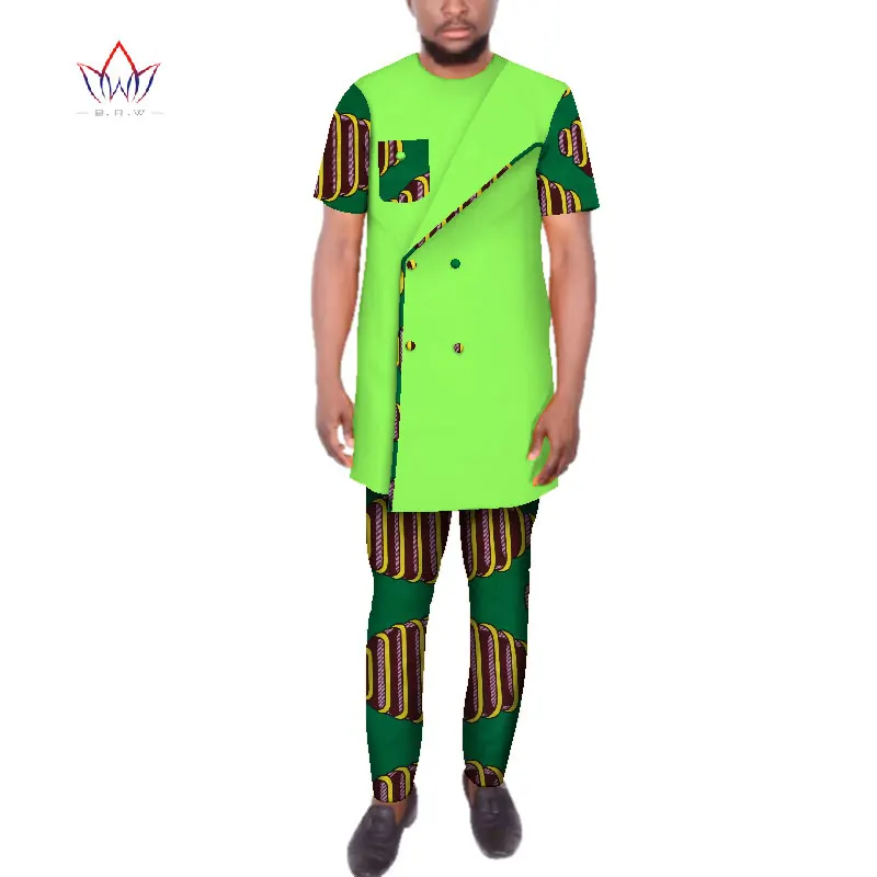 Дашики Мужская африканская одежда двубортный топ рубашки и брюки наборы Базен Riche африканская одежда мужские 2 шт брюки наборы WYN93 - Цвет: 13