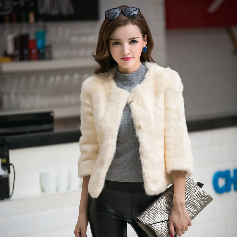 

Real rabbit fur coat women's 2019 autumn winter O neck three quarter sleeve short slim cotton padded natural rabbit fur jacket