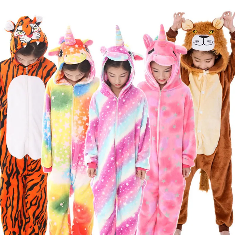 

New Kids Animal Pajamas Set Boys Girls Unicorn Tiger Pegasus Cosplay Winter Hooded Children Sleepwear Onesie Flannel Pyjamas