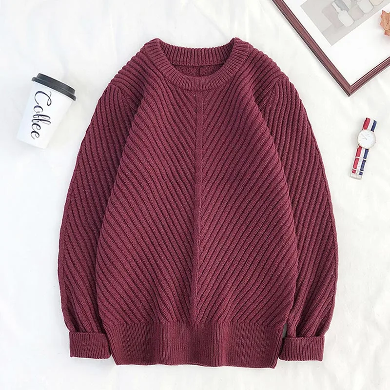 Sweaters Men Simple Design All-Match Soft Warm Daily Wear Korean Style Knitting Sweater Pull Homme Black Navy Army green - Color: Burgundy