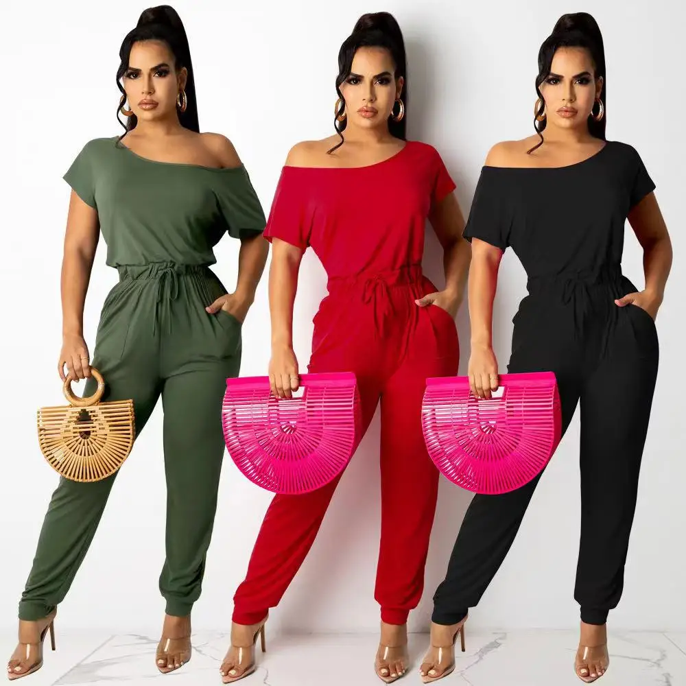 

Casaul Women Jumpsuit Bandage With Poacket Slash Neck Solid Color Streetwear Long Romper Women Jumpsuit Outfit