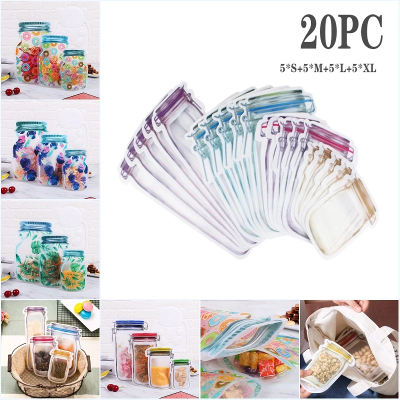 Reusable Mason Jar Design Ziplock Food Storage Bags for Snacks and Kitchen Organization