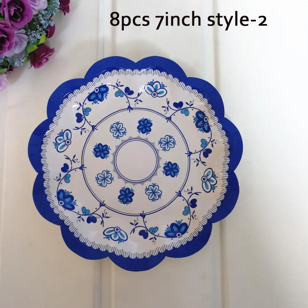 8pcs 7in stlye-2 8 шт., китайский стиль, синяя и белая бумага имитирующая фарфор, тарелка, Ретро стиль, одноразовые вечерние тарелки, салфетка, свадебное блюдо, праздничные тарелки - Цвет: 8pcs 7in stlye-2