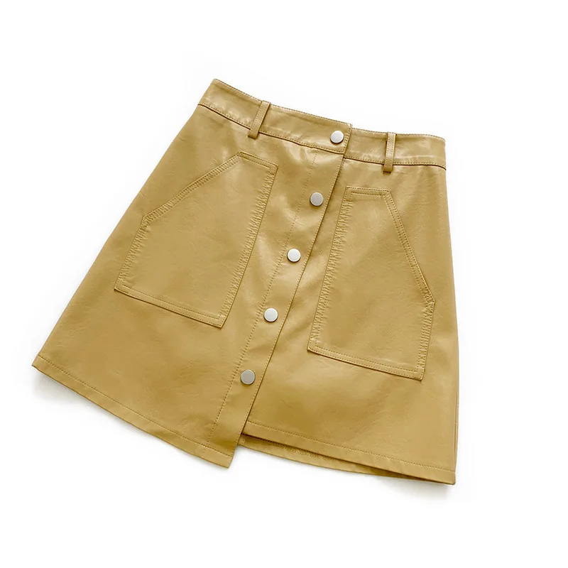 Foamlina PU Leather Skirt for Women New Autumn High Waist Buttons with Pockets Irregular Mini Pencil Skirt