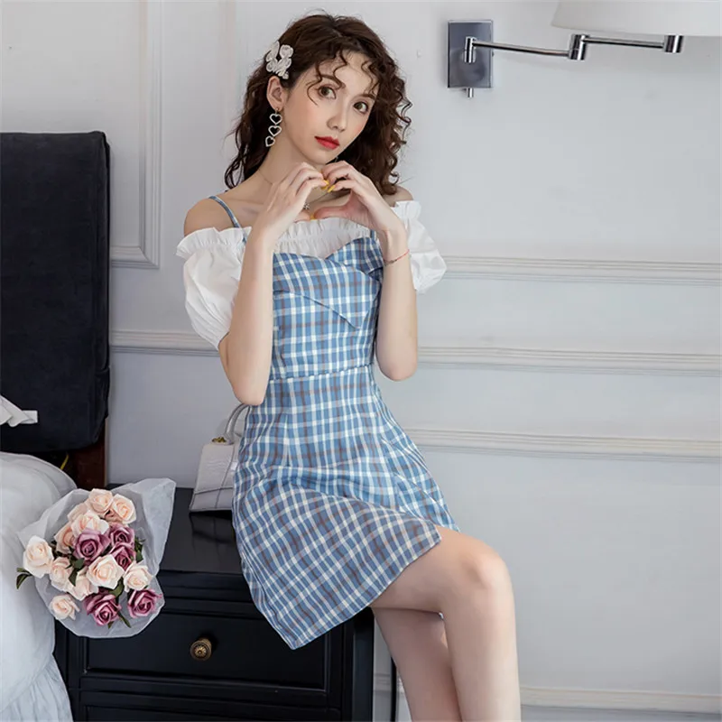 COIGARSAM Plaid Women one piece dress korean New Patchwork Short Sleeve