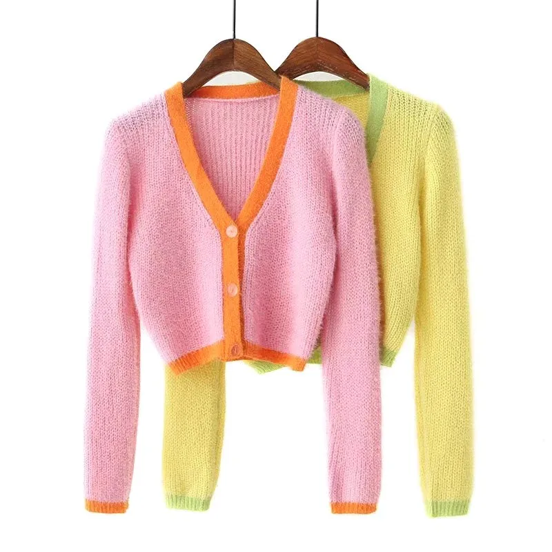 

Autumn Cardigan Women Sweaters Korean Crop Sweater Long sleeve V neck Short Cardigan