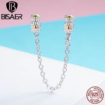 

BISAER 925 Sterling Silver Gold Color Stacked Daisy Flower Safety Chain Charm Beads for Women Pan Charim Bracelet Jewlery GXC618