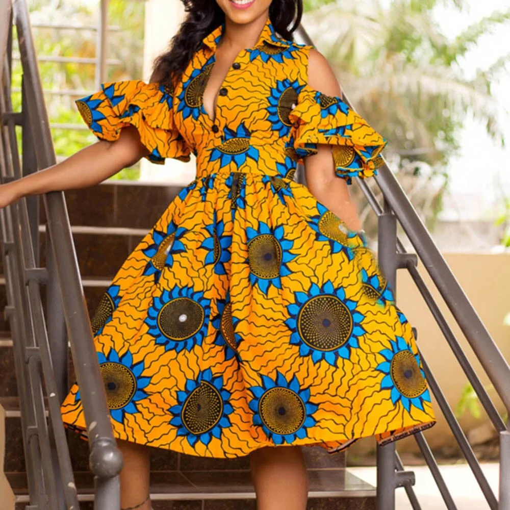 

Yellow Print A line Dress Women A Line Turn Down Collar Mid Calf Short Sleeve Elegant Evening Party Ruffles Vintage Dresses New