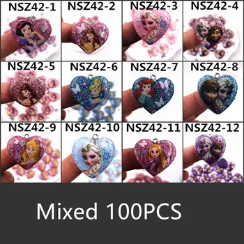 

100Pcs Aurora Princess Jasmine Heart Resin Flatback DIY Fairy Pendant Girls Kids Necklace Accessories Crafts For Jewelry Making