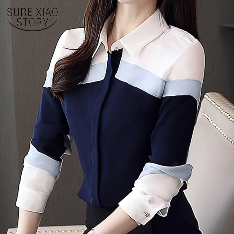 

2020 Fashion Womens Long Sleeve Chiffon Blouse Spliced Office Lady Women Blouses Long Sleeve Ladies Tops Striped Blouse 5302