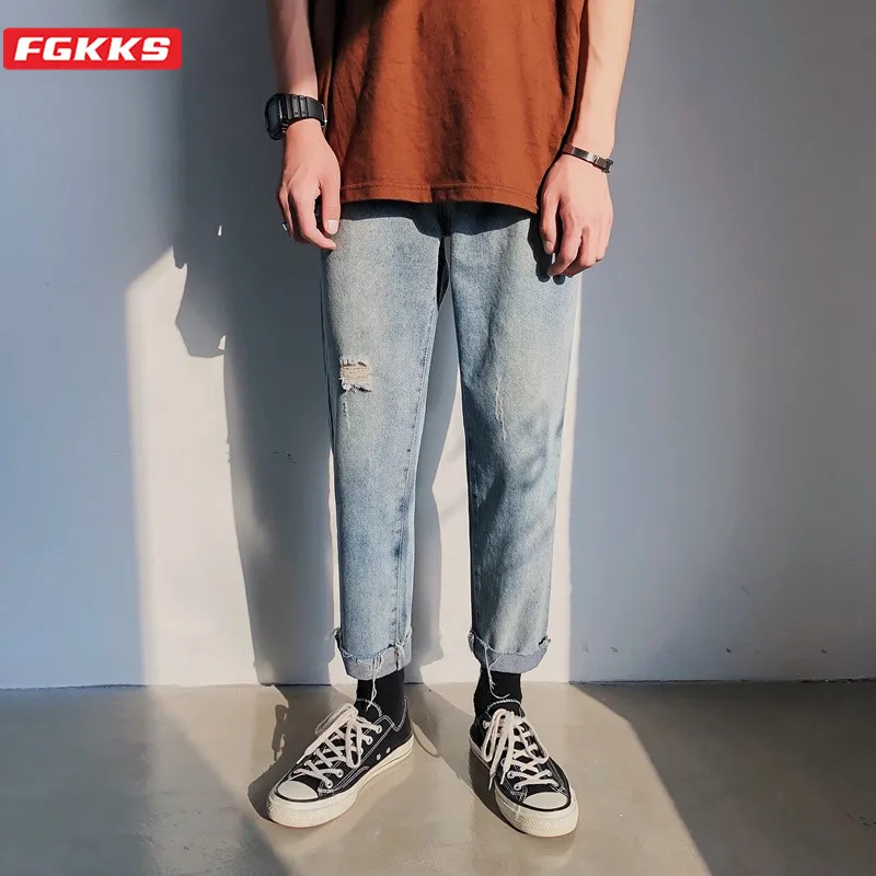 

FGKKS Fashion Brand Men Hole Jeans Summer High Street Men's Comfortable Casual Ankle-Length Pants Retro Wild Straight Jeans Male