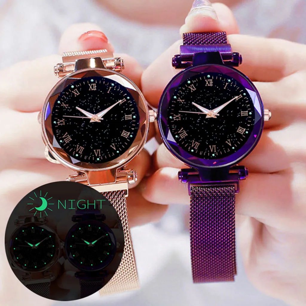 Women Fashion Rhinestone Starry Dial Magnetic Stainless Steel Strap Analog Quartz Watch
