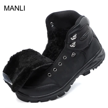 

MANLI Outdoor Plush Winter Boots Man Comfy Genuine Leather Hiking Shoes Mens Sport Shoes Mountain Climbing Trekking Boots