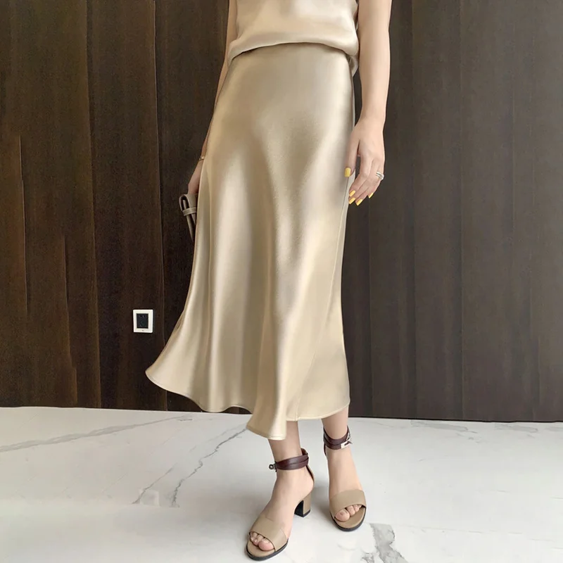Tataria de satén de seda faldas para las mujeres, falda de cintura alta de 2021 mujeres vestido faldas elegantes faldas de verano Rosa Midi falda nuevo estilo coreano