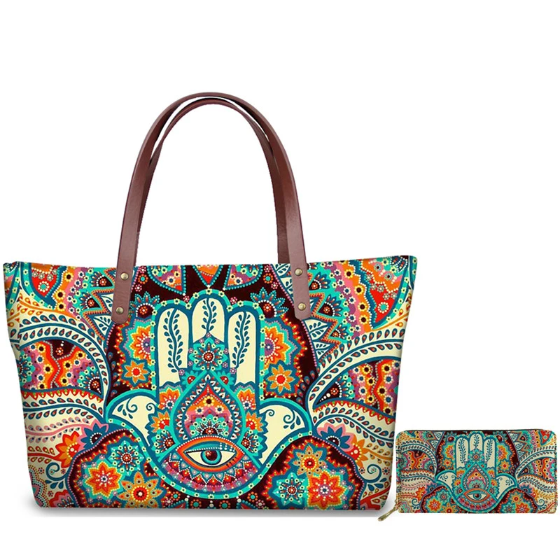 

WHEREISART Hamsa Hand Pattern Brand Design Handbags Multifunction Women Top-handle Bags 2pcs/set Shoulder Bag Wallets for Lady