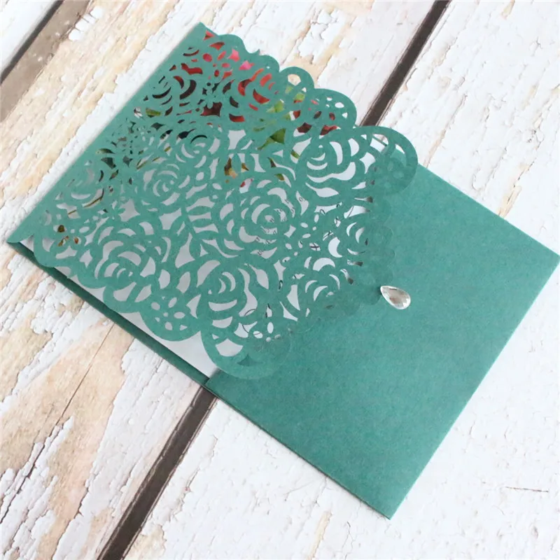 

Rustic rose laser cut invitation pocket dark green diamond decor greeting cards personalized insert card printing 50pcs