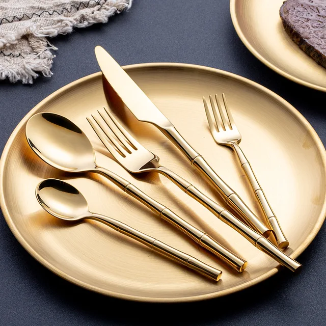KuBac Hommi Cutlery Set Stainless Steel Steak Knife Fork Bamboo Design Golden Dinnerware Set Silver Cutlery Set 24pcs Gold(6 Sets 30pcs)