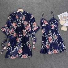 Женский халат с цветочным принтом, ночная рубашка из искуственного шелка, домашний костюм, нагрудники для сна, пижамы, ночное белье