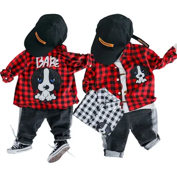 

Baby Boy Clothes Male Baby Suit Lapel Cotton Plaid Shirt Baby Boy Cartoon Letter Print Clothes Casual Sports Suit Jeans Clothing