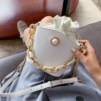

Stone Pattern Pearl Design Small PU Leather Crossbody Bags For Women 2020 Solid Color Acrylic Chain Shoulder Handbags Bucket Bag