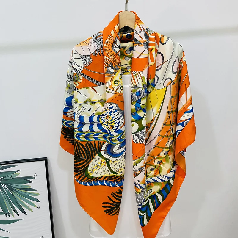 Large Square Scarf Women European and American New Imitation Silk Twill Printed   All-match Sunscreen Shawl 
