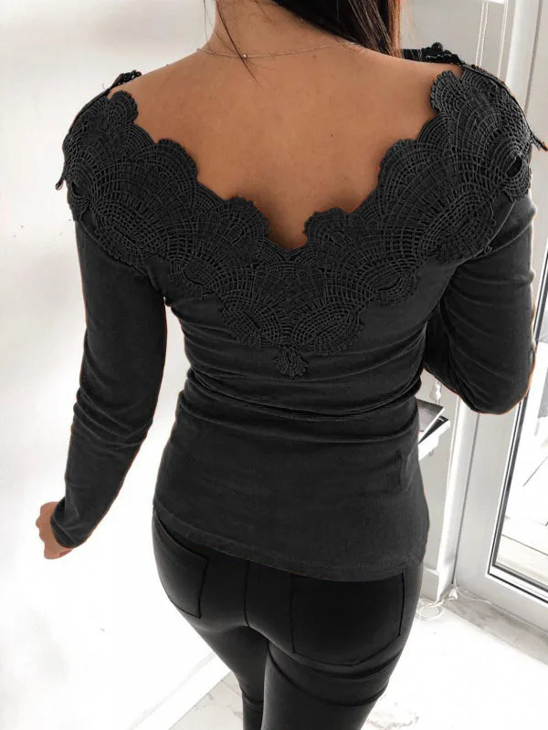 Модная Сексуальная кружевная черная белая женская блузка с длинным рукавом, сексуальные топы и рубашки с открытыми плечами