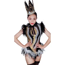 

White Black Feather Bodycon Women Romper Sparkly Rhinestones Mesh See Through Bodysuits Nightclub Singer Dancer Show Costumes