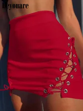 Beyouare High Waist Pencil Skirts Hollow Out Bandage Sexy Office Lady Mini Skirts Elegant Club Prom Female Red Wear Bottoms 2022