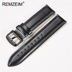 REMZEIM Genuine Leather Quick Release Watchband Wrist Strap for 22mm (Black(black))