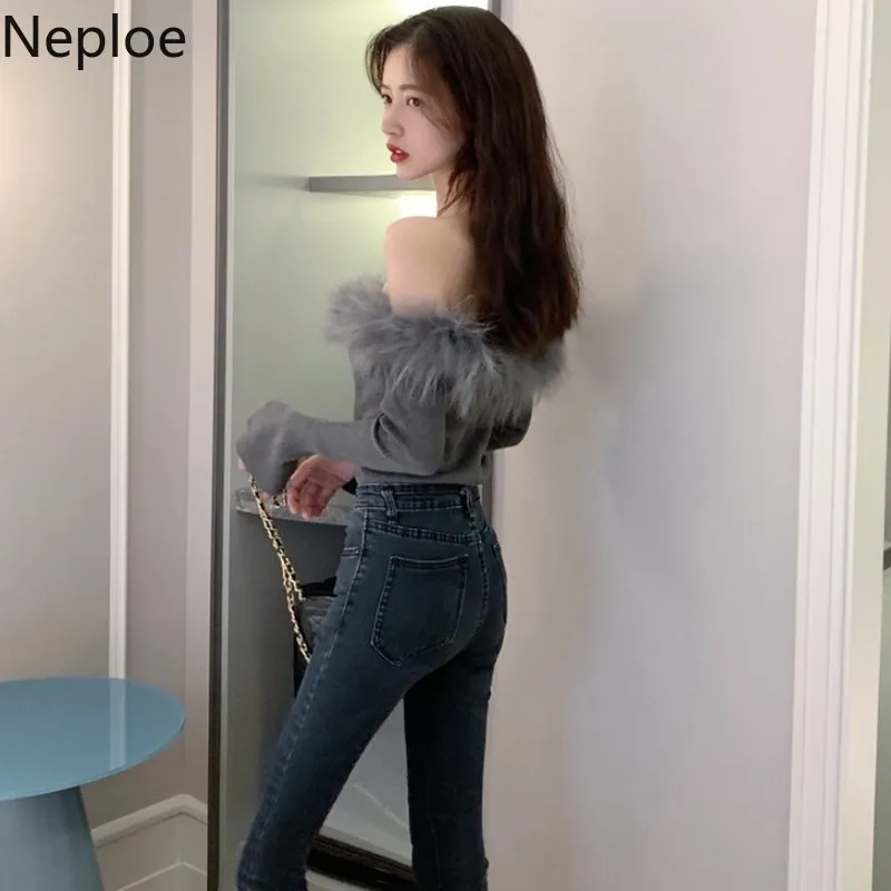 Neploe, сексуальный свитер с вырезом лодочкой, без бретелек, с длинным рукавом, из кусков, пушистый, облегающий, для женщин, на осень и весну, пуловер 48382