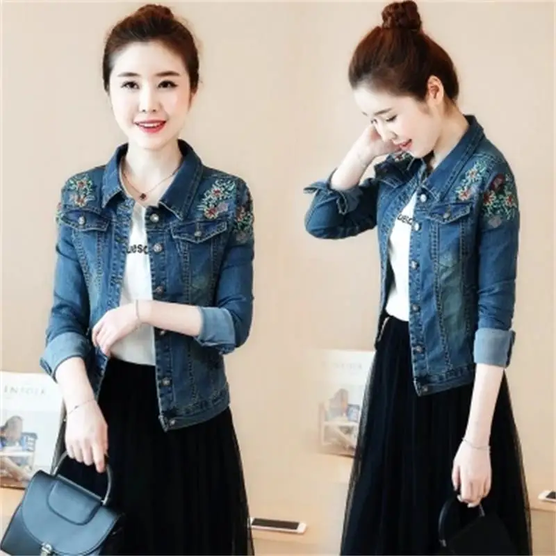 

Spring new elastic jacket embroidery short paragraph Slim denim clothing embroidery large size jacket jaqueta feminina casaco