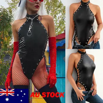 

Sexy lingerie Women PU Leather Bodycon One Piece Thong Bandage Bodysuit Jumpsuit Romper Club Vest Top Sleepwear Nightwear NEW