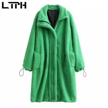 

LTPH green fluffy jacket women winter faux fur long coat grain fleece lambswool thicken warm vintage casual streetwear 2021 new