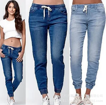 

Factory Direct Wish Amazon EBay Women's Clothing Jeans Lace-up Washed Closing Foot Lantern Cowboy Pants Women's