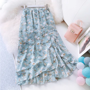 

2020 Women Summer Dress Floral Chiffon Ruffle Skirt Asymmetrical High Waist Midi Skirt Elegant Ladies Mermaid Skirt XX027
