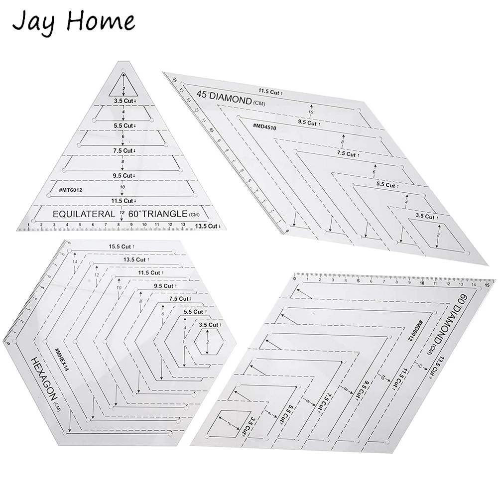 Quilting Ruler Set, 4pcs Patchwork Ruler Clear Plastic Quilting Square Template, Hexagon,triangle, 45 Degree and 60 Degrees Ruler, Suitable for Drawin