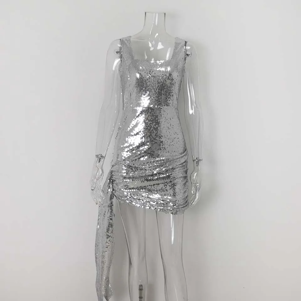 Silver Karlofea, шикарное вечернее платье с цветочным принтом и блестками, сексуальное, с квадратным вырезом, с рюшами, с боковой драпировкой, короткие платья с запахом, дамские наряды, одежда - Цвет: Silver