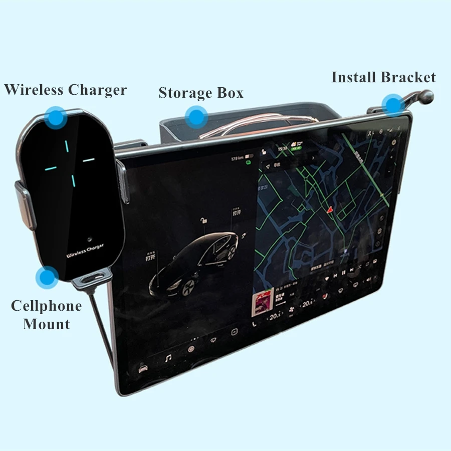 Multifunction Cellphone Mount Wireless Charger for Tesla Model 3 Model Y Monitor Fixed Clip Safety Cellphone Holder Stand Silent