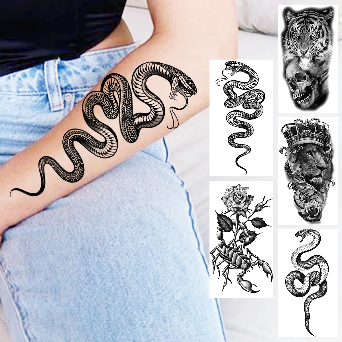 Tatouage Serpent Avant Bras Homme Tatouages temporaires de serpent noir pour femmes et hommes, faux tatouage  réaliste, tête de tigre, Lion, Scorpion, fleur, autocollant pour avant bras,  jambes | AliExpress