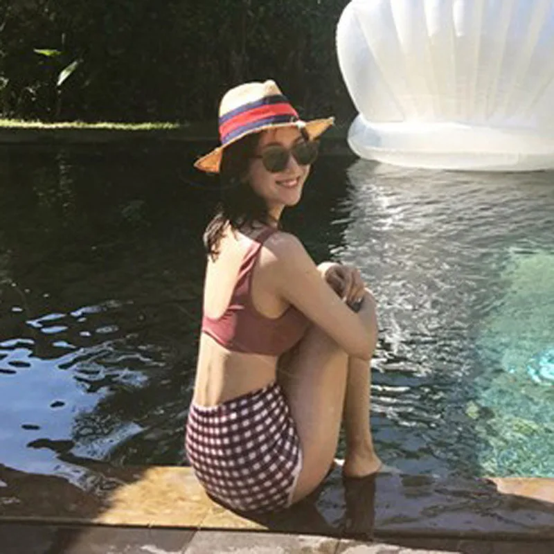

Online Celebrity Small Square Plaid Rosy Brown up And down Different Color High-waisted Belly Covering Split Type Bikini